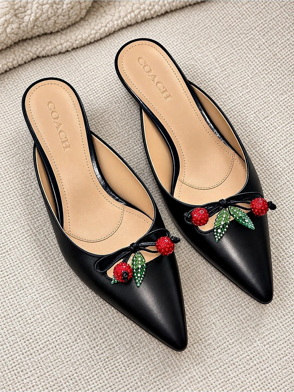 Coach Runway Cherry Pointed-Toe Black Mules
